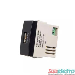 MÓDULO TOMADA CARREGADOR USB 1A BIVOLT PRETO - CLEAN EBONY